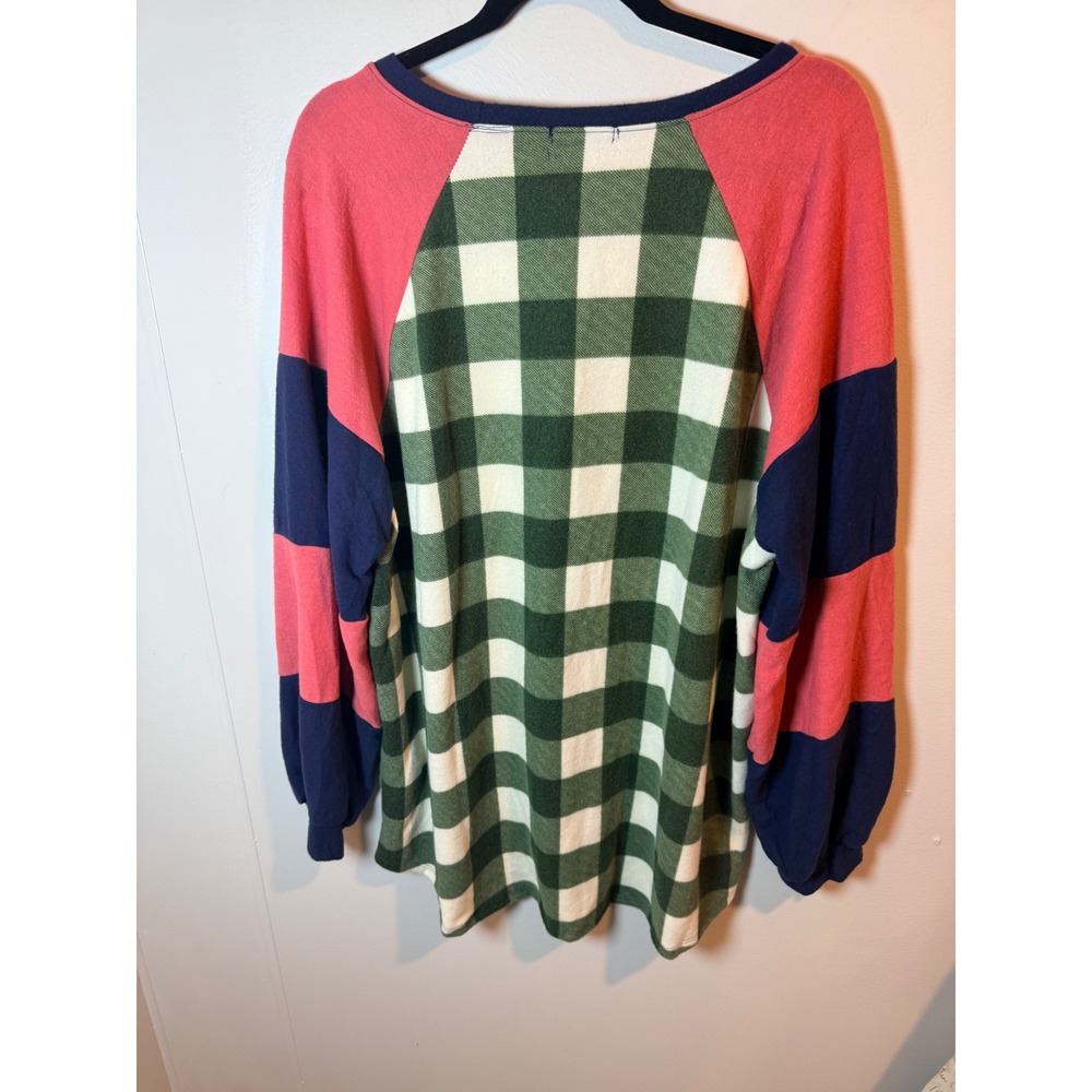 Story Teller Women 3X Buffalo Plaid Striped Raglan Fleece Shirt Green Coral Navy - Picture 6 of 7